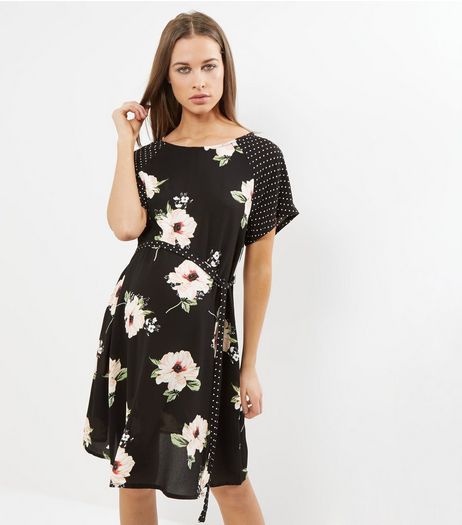 Maternity Black Floral And Spot Print Flutter Sleeve Dress | New Look