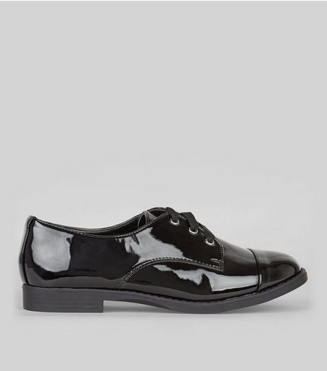Black Wide Fit Patent Lace-Up Brogues | New Look