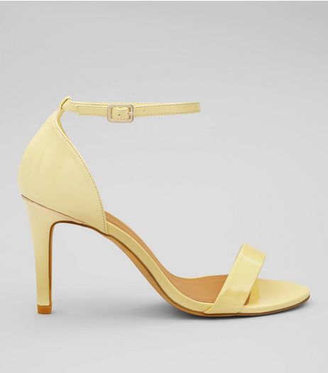 Wide Fit Yellow Patent Metal Trim Heeled Sandals | New Look