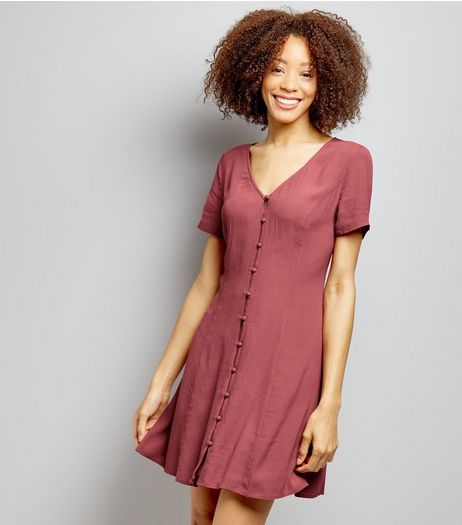 Burgundy Button Front Short Sleeve Skater Dress | New Look