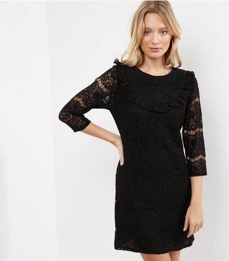 Black Lace Frill Trim Ribbed 3/4 Sleeve Tunic Dress | New Look