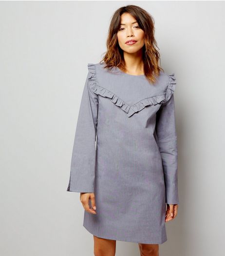 Dark Grey Frill Trim Long Sleeve Cotton Tunic Dress | New Look