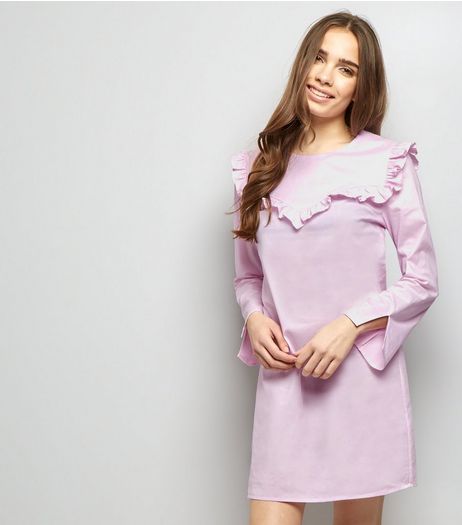 Pink Frill Trim Long Sleeve Cotton Tunic Dress | New Look