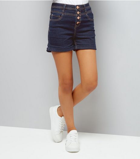 Teens Navy Washed High Waist Denim Shorts | New Look