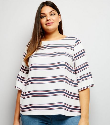 Curves White Contrast Stripe Frill Trim Sleeve Top | New Look