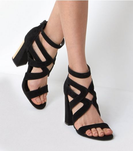 Black Suede Cross Front Metal Trim Flared Heels | New Look