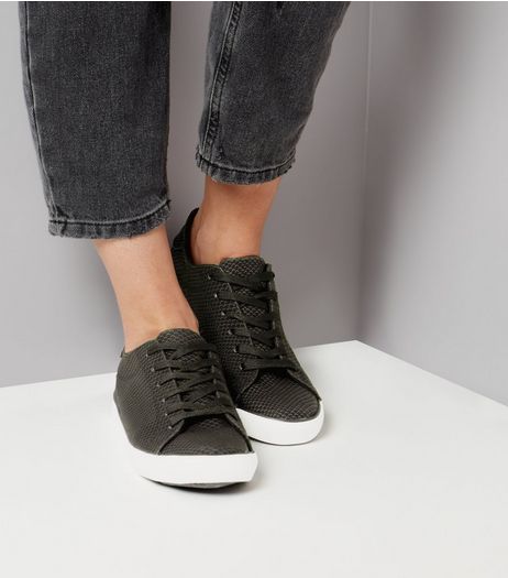 Black Snakeskin Texture Lace Up Trainers | New Look