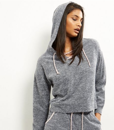 Grey Stripe Ribbon Lattice Hoodie | New Look