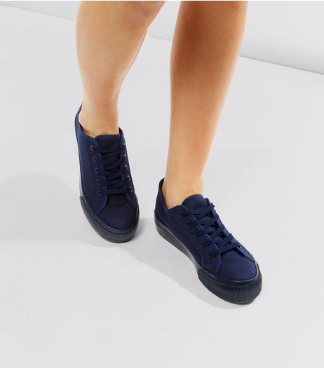 Navy Lace Up Platform Trainers | New Look