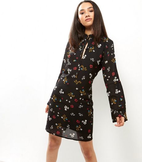 Black Ditsy Floral Tie Neck Bell Sleeve Tunic Dress | New Look