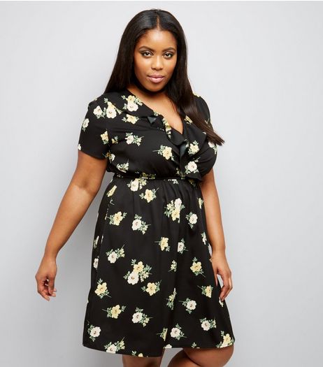Curves Black Floral Frill Trim Wrap Front Dress | New Look