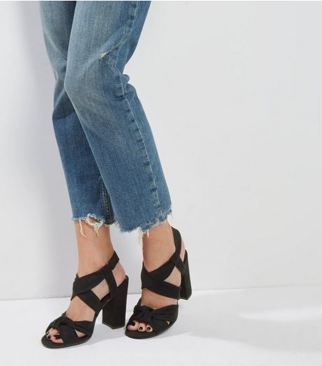 Black Suedette Knot Front Block Heel Sandals | New Look