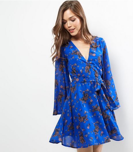 Blue Floral Flared Sleeve Belted Wrap Front Dress | New Look