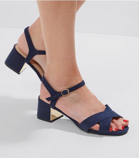 Wide Fit Navy Comfort Metal Trim Mini Heeled Sandals | New Look