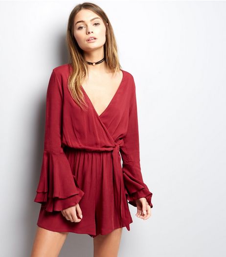 Dark Red Wrap Front Flared Frill Sleeve Playsuit | New Look