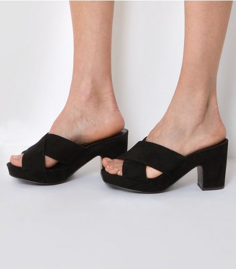 Wide Fit Black Cross Front Platform Mules | New Look