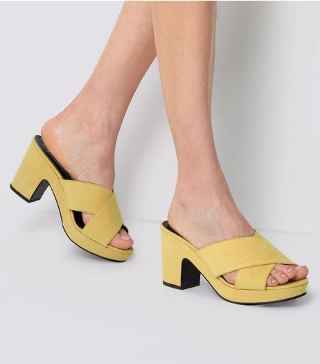 Wide Fit Yellow Cross Front Platform Mules | New Look
