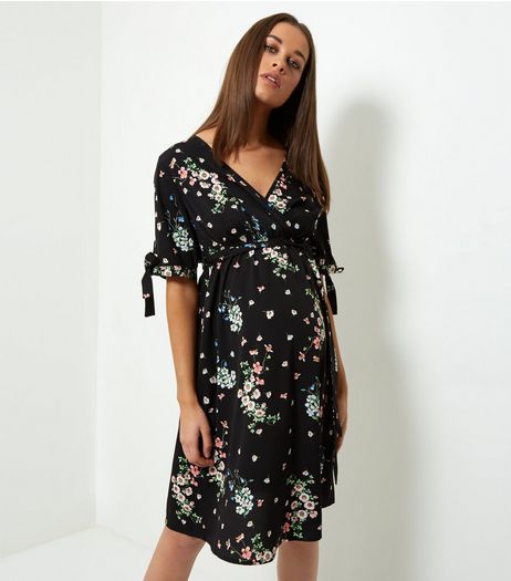 Maternity Black Floral Tie Sleeve Wrap Front Dress | New Look