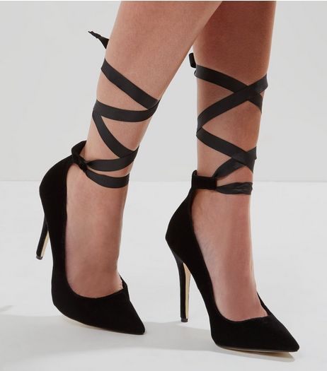Black Velvet Tie Up Pointed Court Shoes | New Look