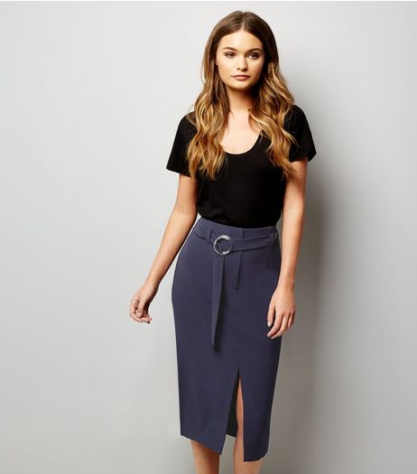 Navy Hoop Trim Belted Split Front Pencil Skirt | New Look