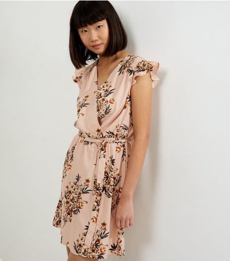 Pink Floral Print Frill Trim Wrap Front Dress | New Look