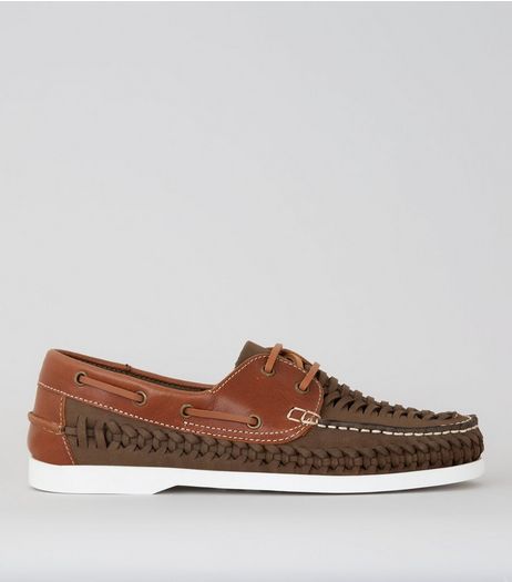 Brown Leather Woven Boat Shoes | New Look
