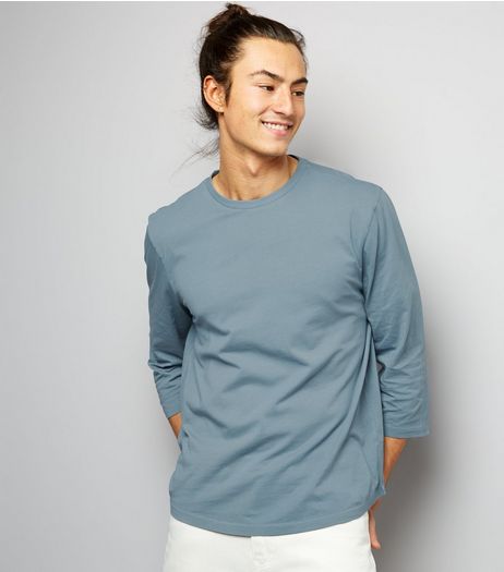 Pale Blue 3/4 Sleeve Curved Hem T-Shirt | New Look