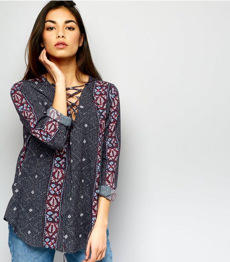 JDY Grey Abstract Print Lattice Front Top | New Look