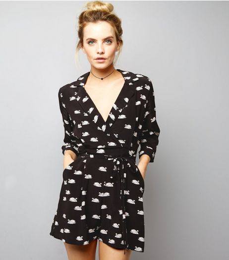 Petite Black Swan Print Tux Playsuit | New Look