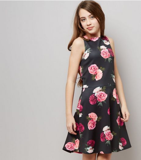 Teens Black Scuba Floral Print Sleeveless Skater Dress | New Look