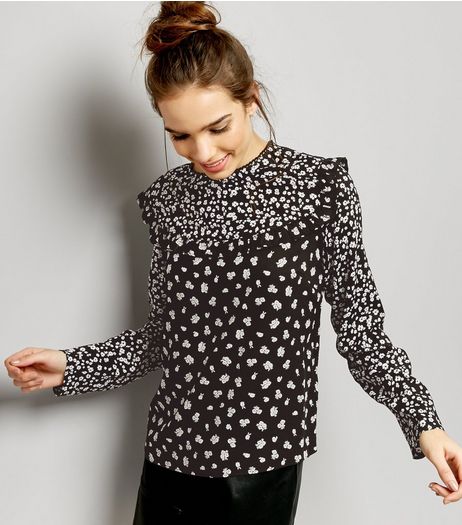 Black Mixed Floral Print Frill Yoke Top | New Look