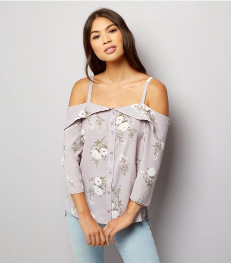 Purple Floral Print Cold Shoulder Top | New Look