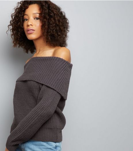 Dark Grey Ribbed Bardot Neck Jumper | New Look