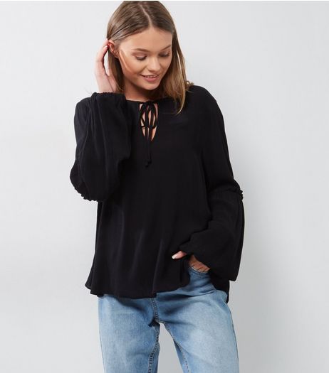 Black Frill Trim Tie Neck Bell Sleeve Top | New Look