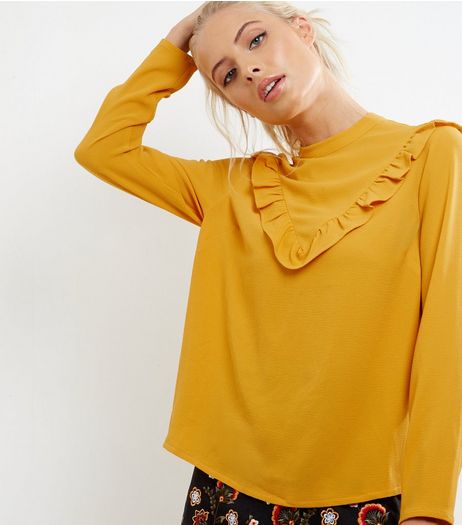 Yellow Frill Trim Chevron Long Sleeve Top | New Look