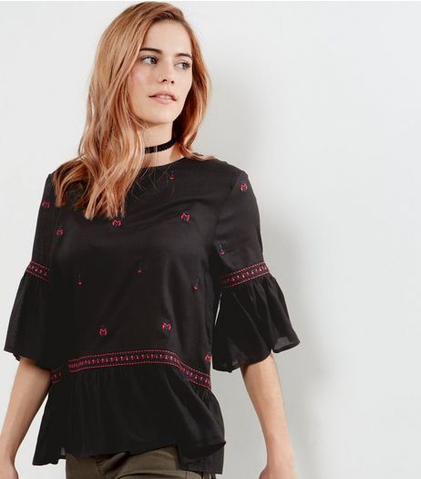 Black Embroidered Trim Bell Sleeve Top | New Look