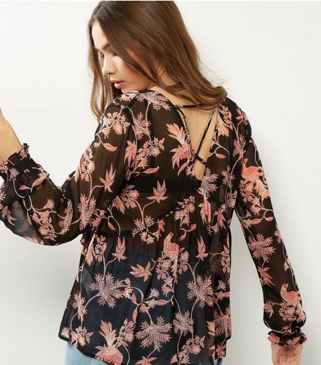 Black Sheer Floral Print Cross Strap Back Top | New Look