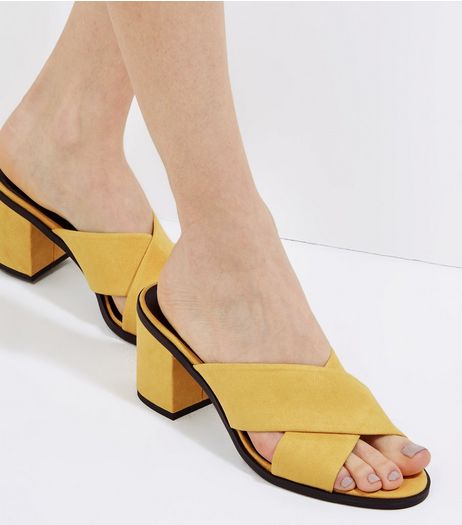 Yellow Suedette Cross Strap Heeled Mules | New Look