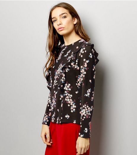 Black Floral Frill Shoulder Long Sleeve Top | New Look