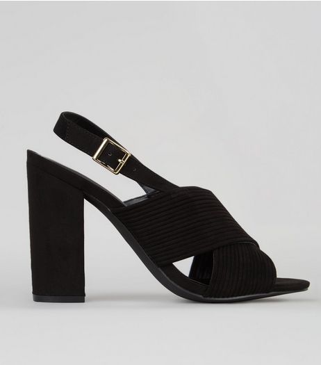 Black Suedette Ribbed Cross Strap Heels | New Look