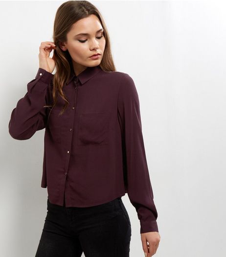 Dark Purple Long Sleeve Cropped Shirt | New Look