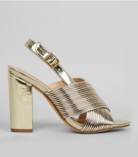 Multi Coloured Metallic Stripe Cross Strap Block Heels | New Look