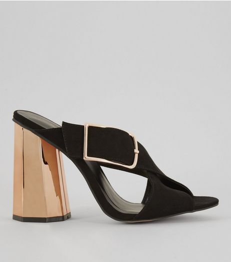 Black Suedette Contrast Flared Metal Heeled Mules | New Look