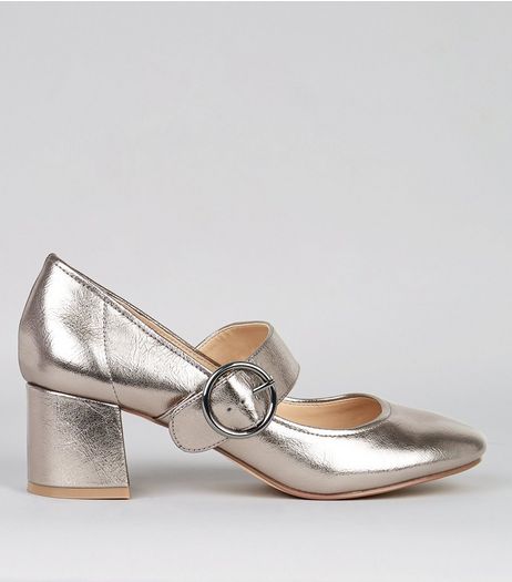 Pewter Metallic Buckle Strap Heels | New Look