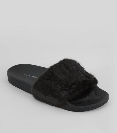 Black Faux Fur Sliders | New Look