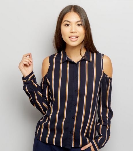 Blue Stripe Cold Shoulder Long Sleeve Shirt | New Look