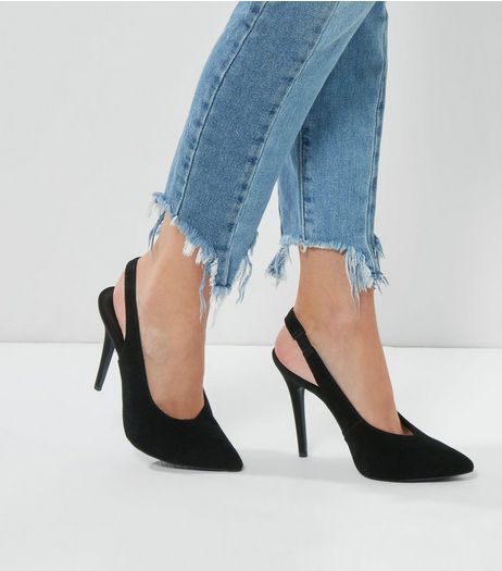 Black Suede Pointed Slingback Heels | New Look