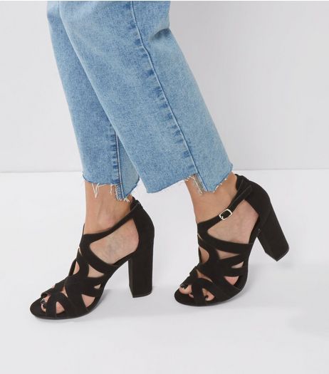 Black Suedette Cut Out Peep Toe Block Heels | New Look