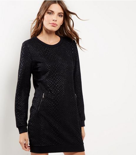 QED Black Snakeskin Print Jumper Dress | New Look
