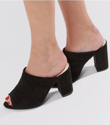 Wide Fit Black Comfort Suedette Ruched Heeled Mules | New Look